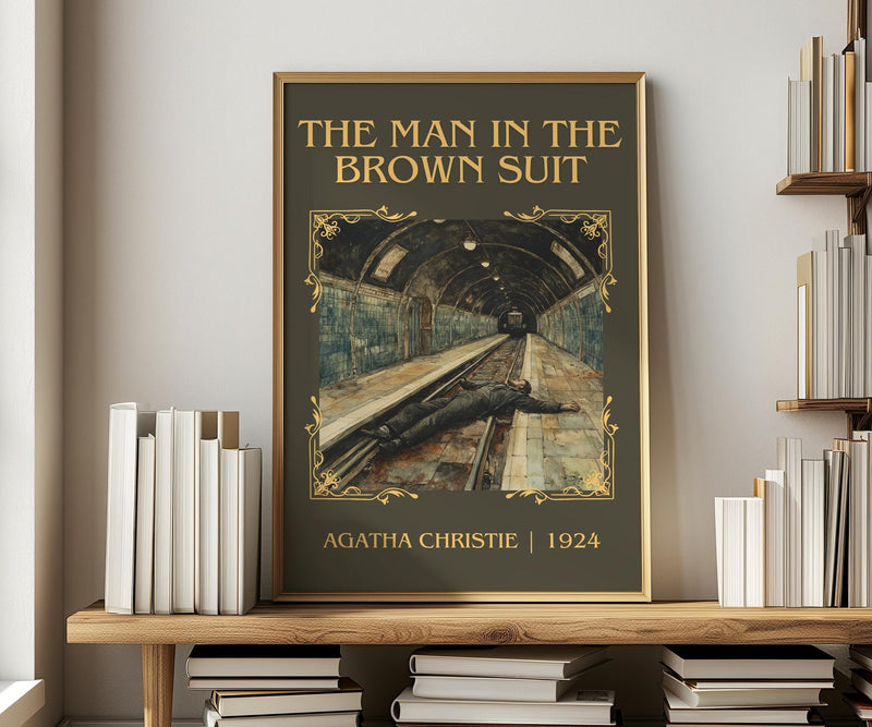 The Man in the Brown Suit classic book art print in frame leaning in hallway – mystery wall art