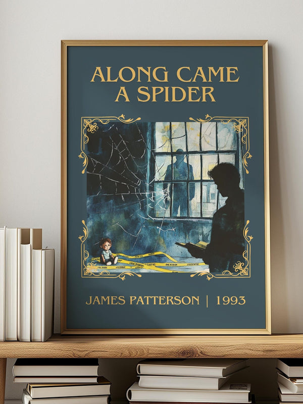 Along Came a Spider classic book art print in frame leaning in hallway – crime wall art