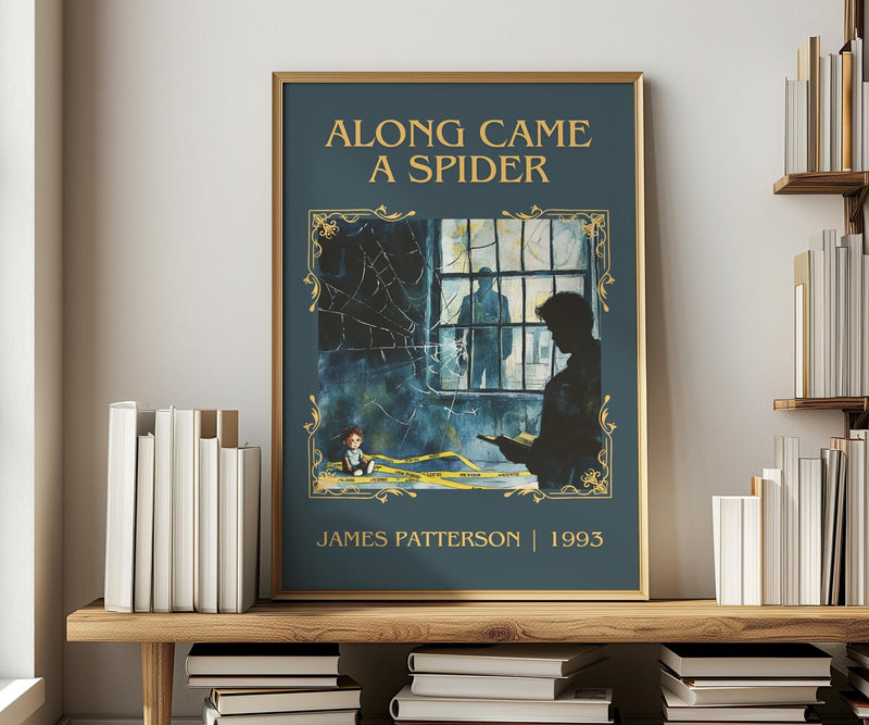 Along Came a Spider classic book art print in frame leaning in hallway – crime wall art