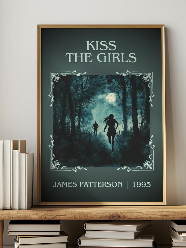 Kiss the Girls classic book art print in frame leaning in hallway – thriller wall art
