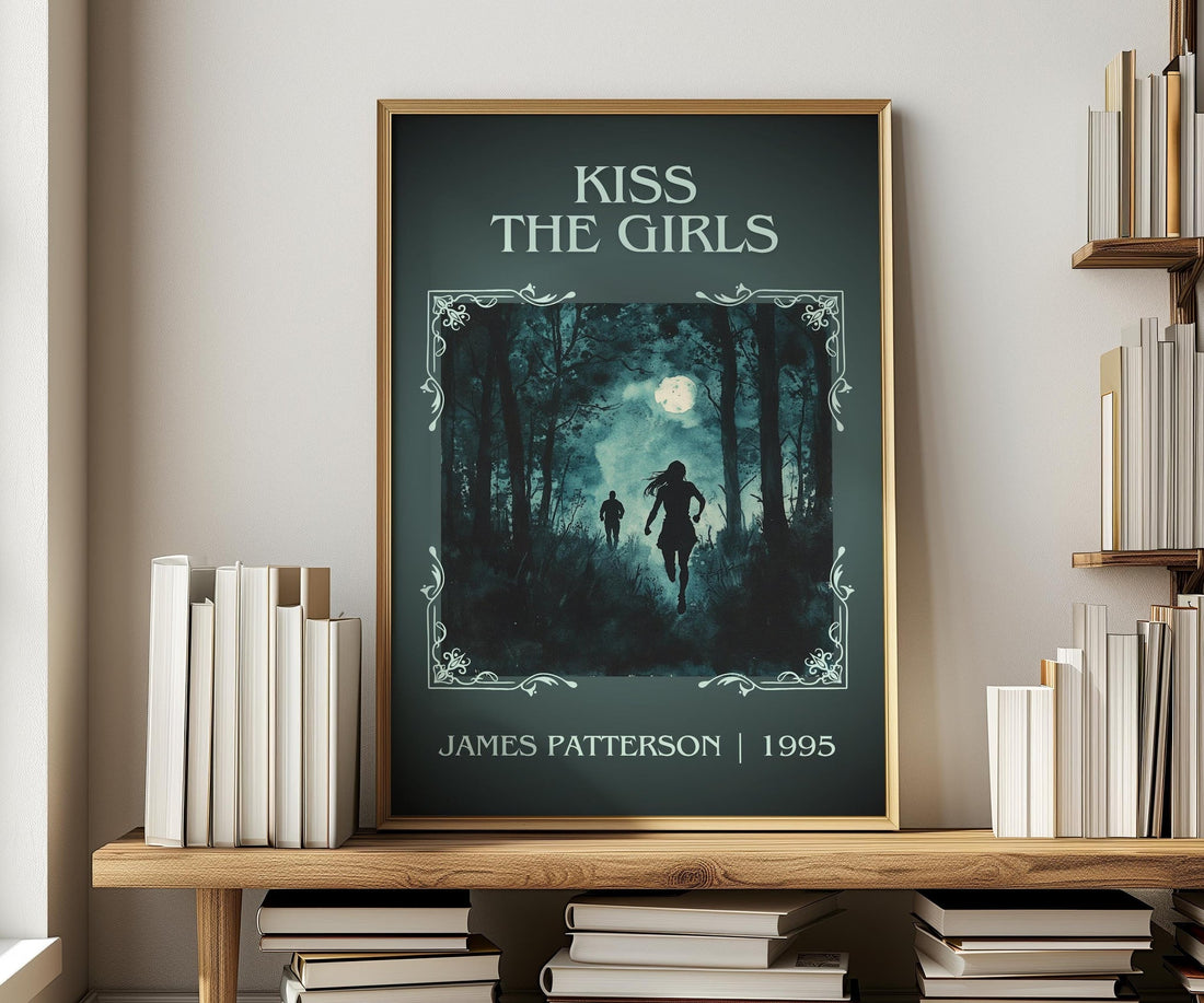 Kiss the Girls classic book art print in frame leaning in hallway – thriller wall art (mockup)