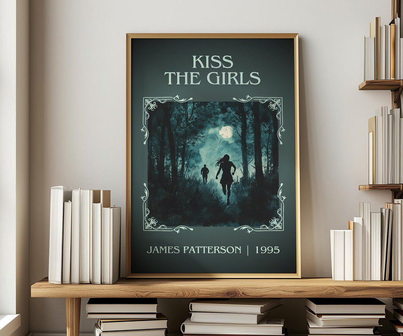 Kiss the Girls classic book art print in frame leaning in hallway – thriller wall art