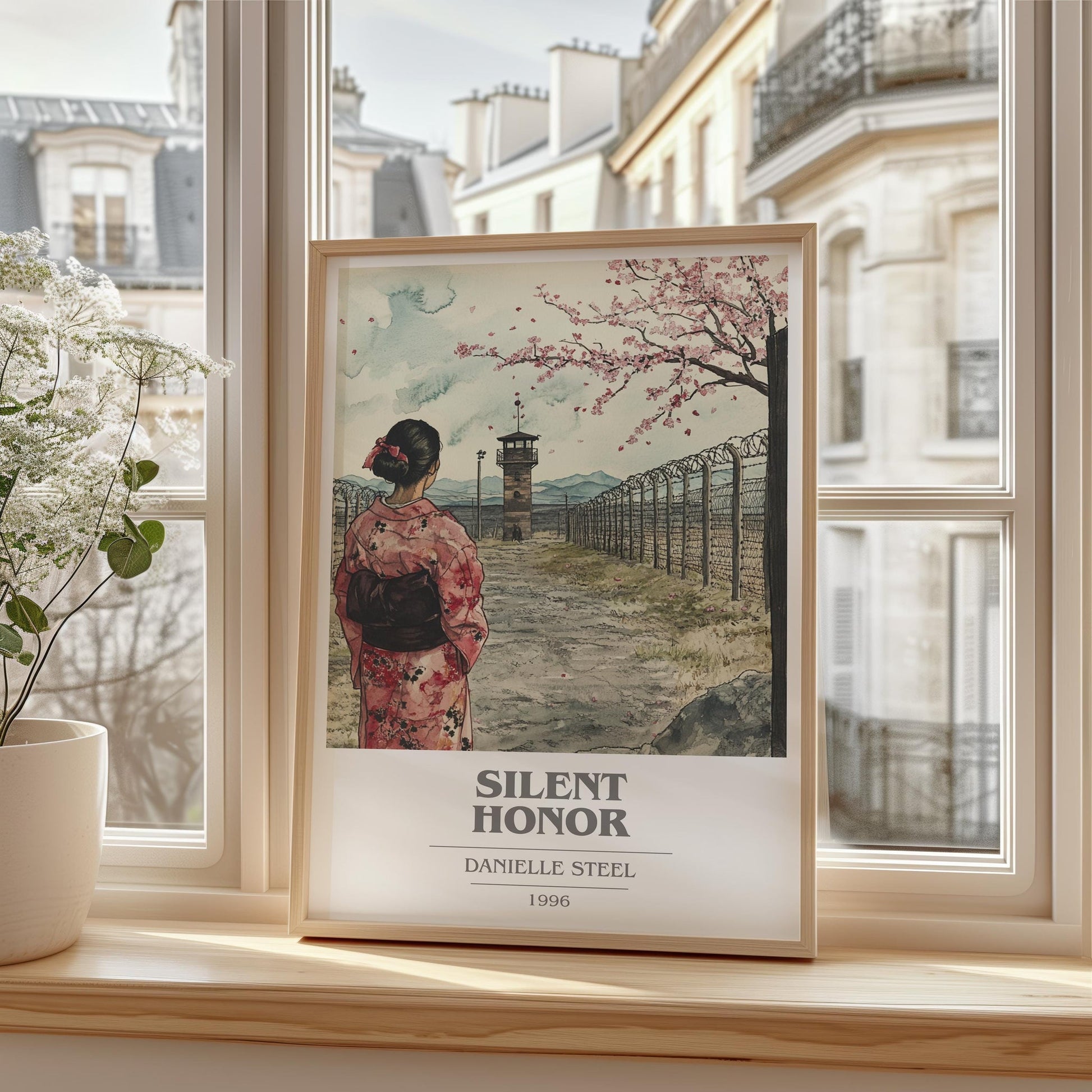 Silent Honour book cover print framed by window – literary home decor