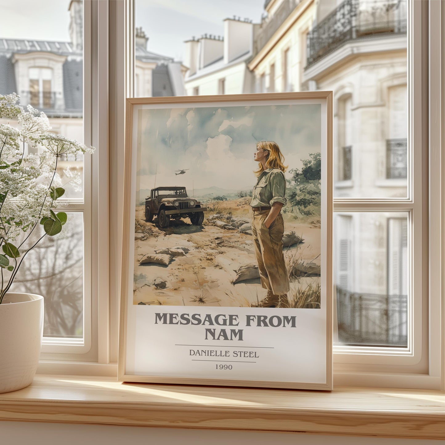Message from Nam book cover print framed by window – literary home decor