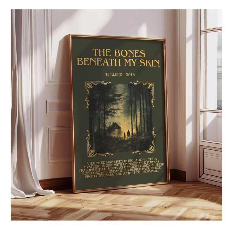 The Bones Beneath My Skin minimalist print in frame leaning in hallway – classic literature wall art