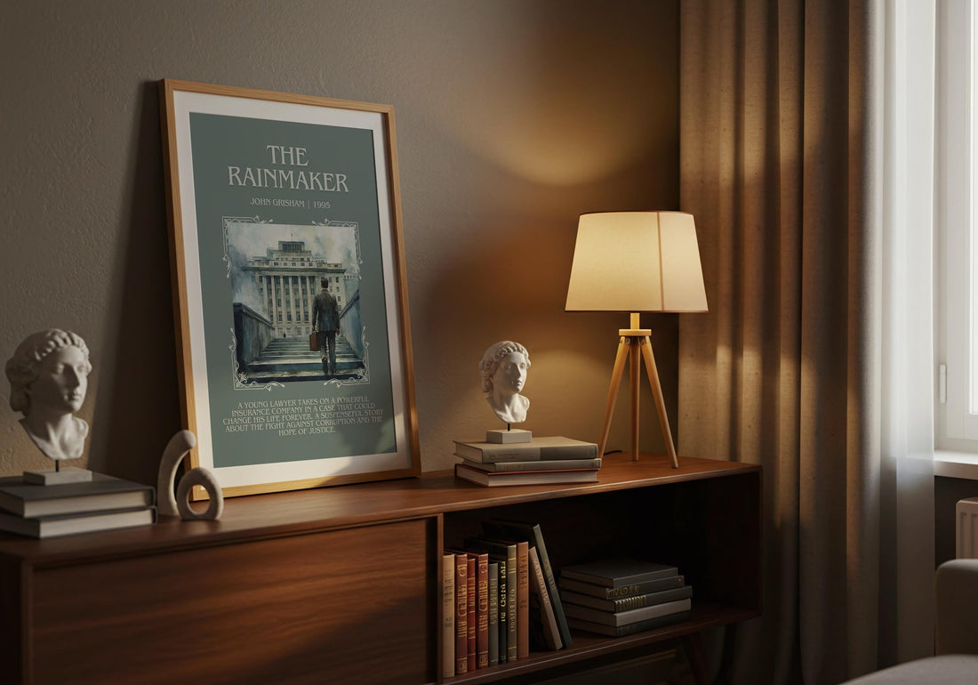 The Rainmaker minimalist poster paired in gallery wall – literary art prints