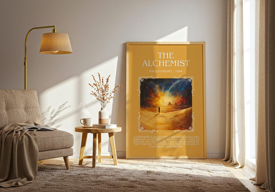 The Alchemist minimalist print framed by window – literary home decor (mockup)