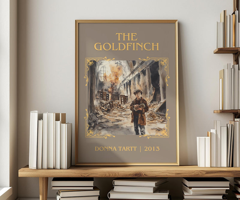 The Goldfinch classic book art print in frame leaning in hallway – coming of age wall art