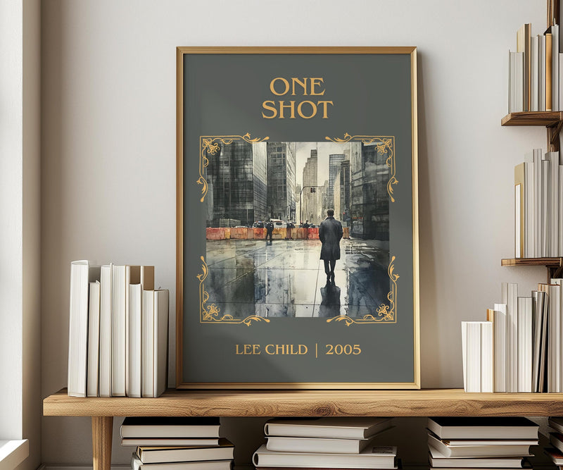 One Shot classic book art print in frame leaning in hallway – thriller wall art