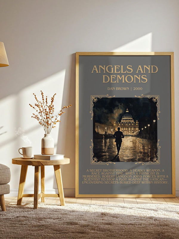 Angels And Demons minimalist print framed by window – literary home decor
