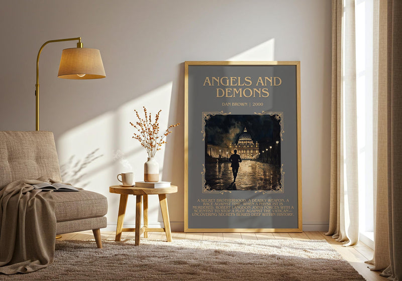 Angels And Demons minimalist print framed by window – literary home decor