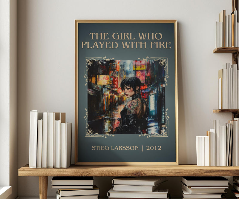 The Girl Who Played with Fire classic book art print in frame leaning in hallway – crime wall art