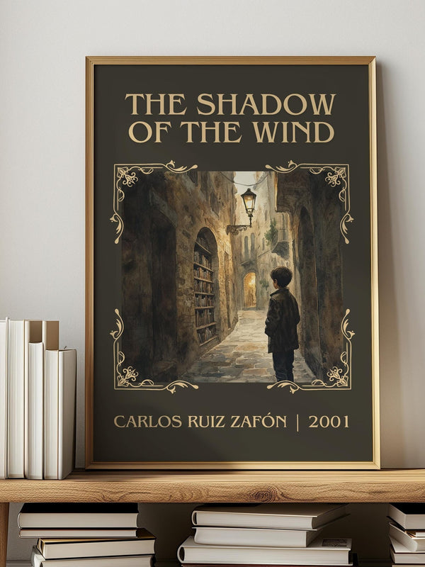 The Shadow Of The Wind classic book art print in frame leaning in hallway – gothic wall art