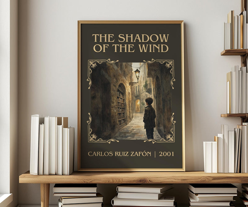 The Shadow Of The Wind classic book art print in frame leaning in hallway – gothic wall art