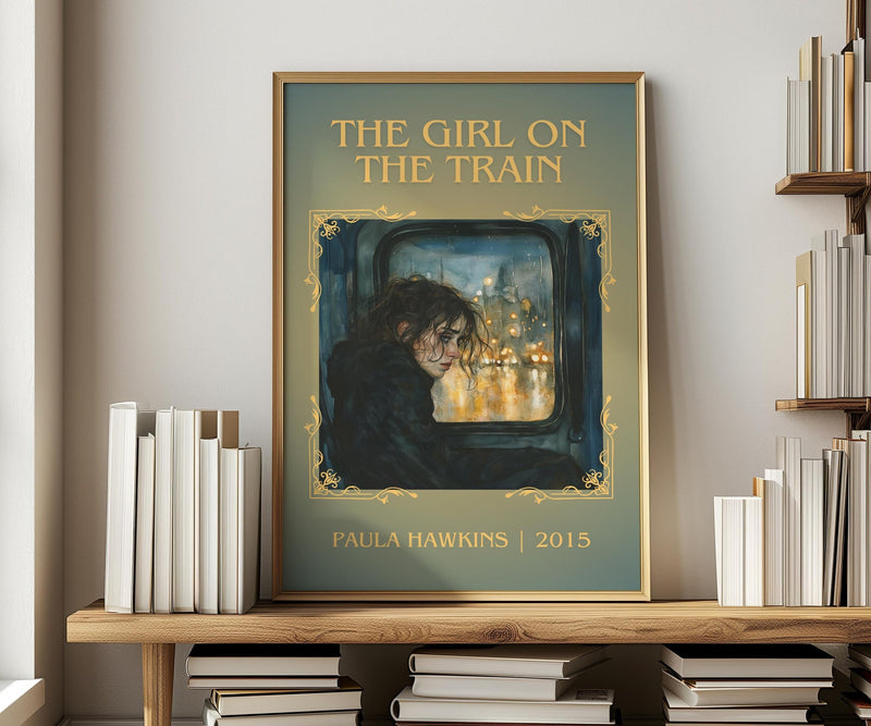 The Girl on the Train classic book art print in frame leaning in hallway – thriller wall art