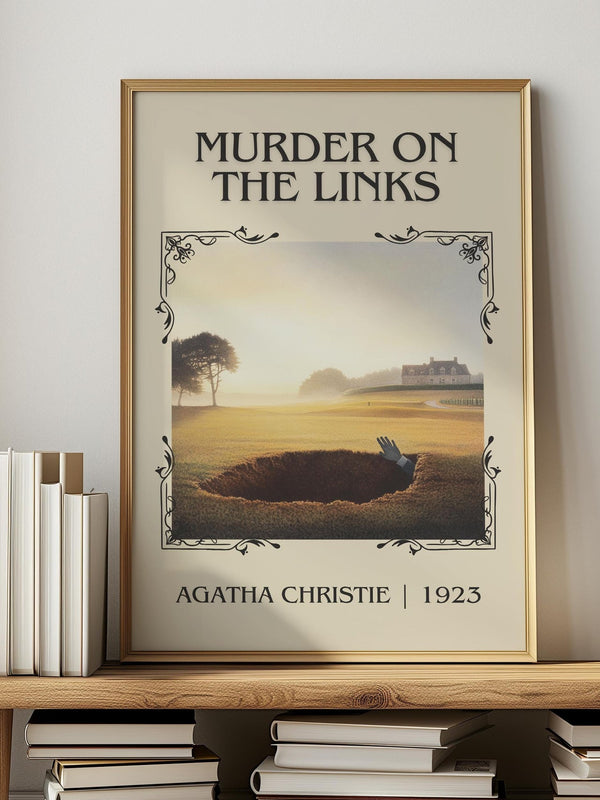 The Murder on the Links classic book art print in frame leaning in hallway – mystery wall art