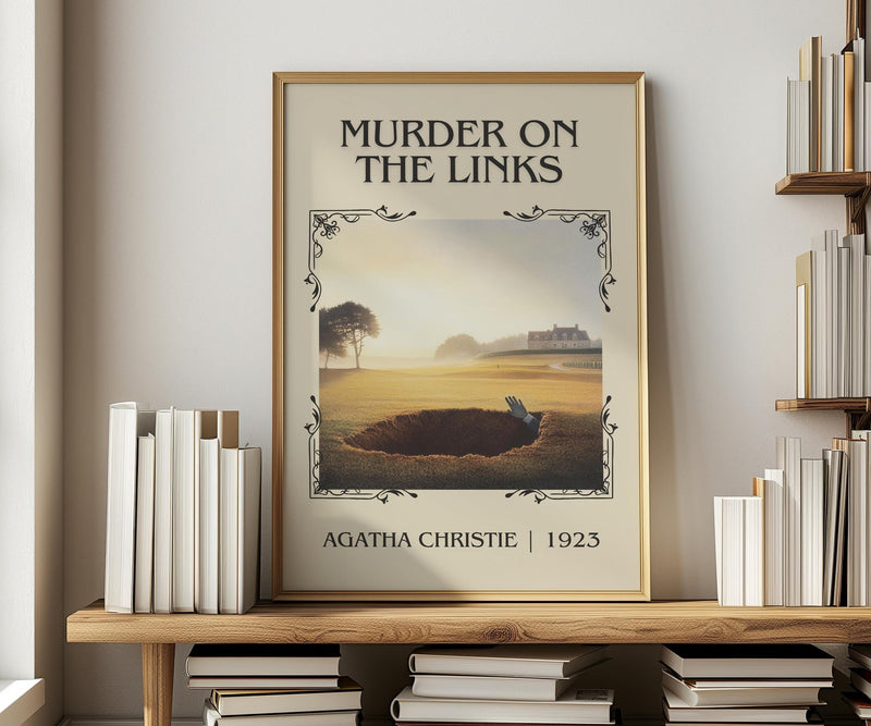 The Murder on the Links classic book art print in frame leaning in hallway – mystery wall art