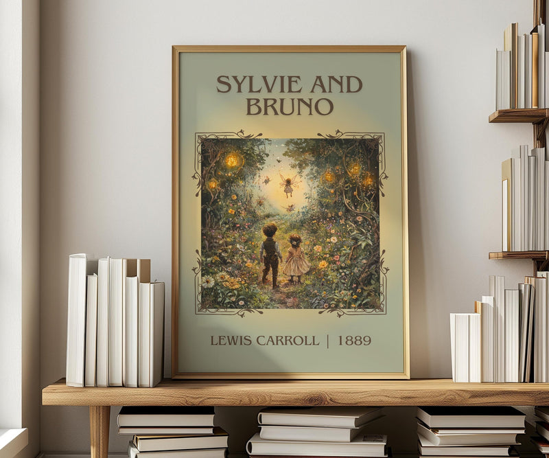 Sylvie and Bruno classic book art print in frame leaning in hallway – fantasy wall art
