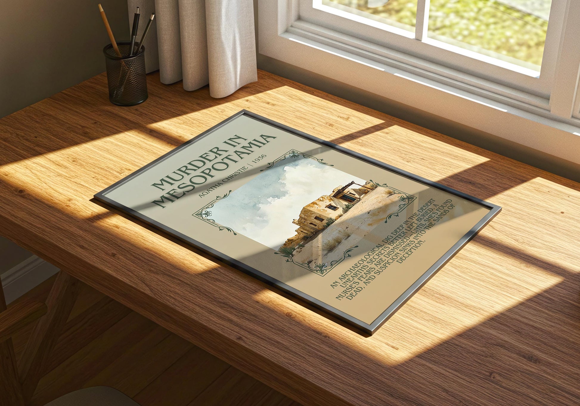 Murder In Mesopotamia by Agatha Christie | Descriptive Book Poster | Blurby