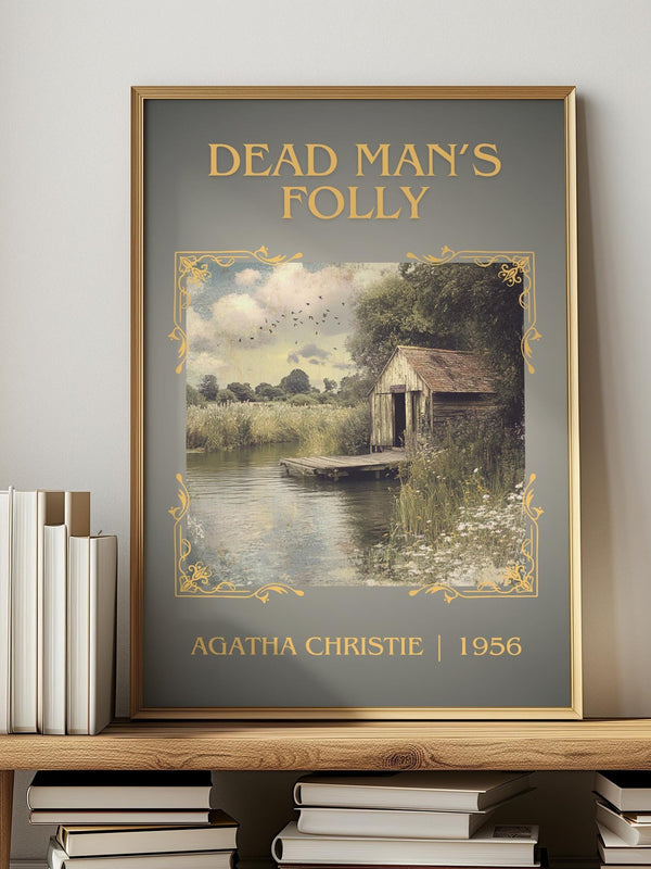 Dead Man's Folly classic book art print in frame leaning in hallway – mystery wall art