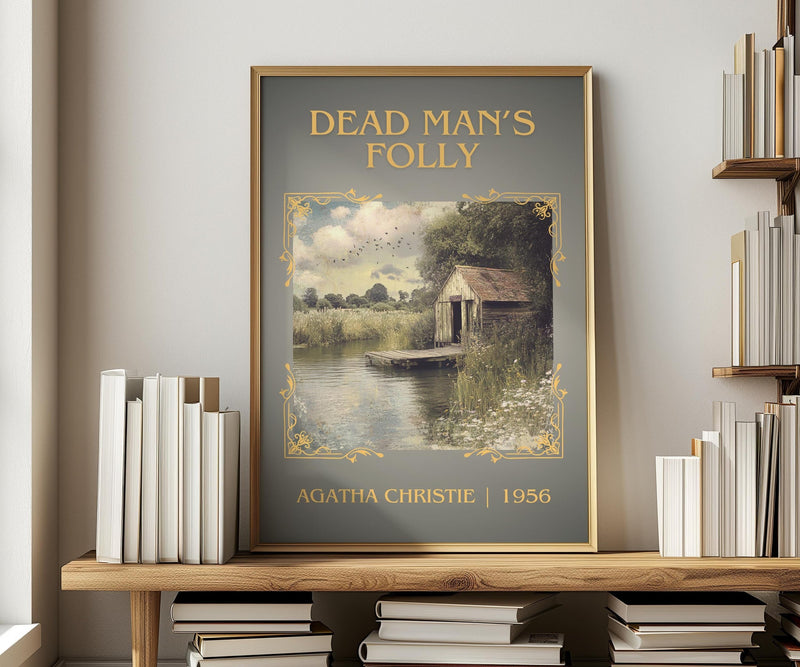 Dead Man's Folly classic book art print in frame leaning in hallway – mystery wall art