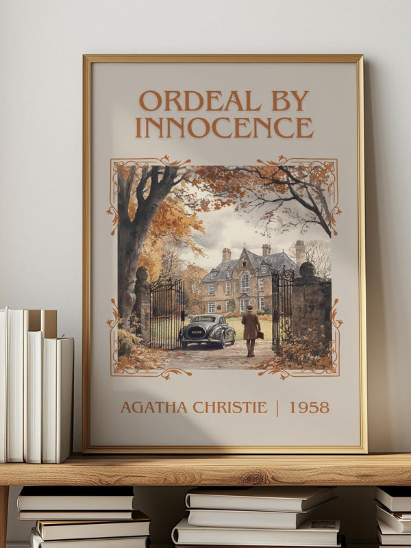 Ordeal by Innocence classic book art print in frame leaning in hallway – mystery wall art