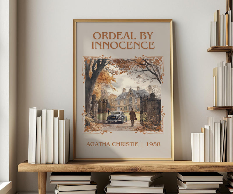 Ordeal by Innocence classic book art print in frame leaning in hallway – mystery wall art