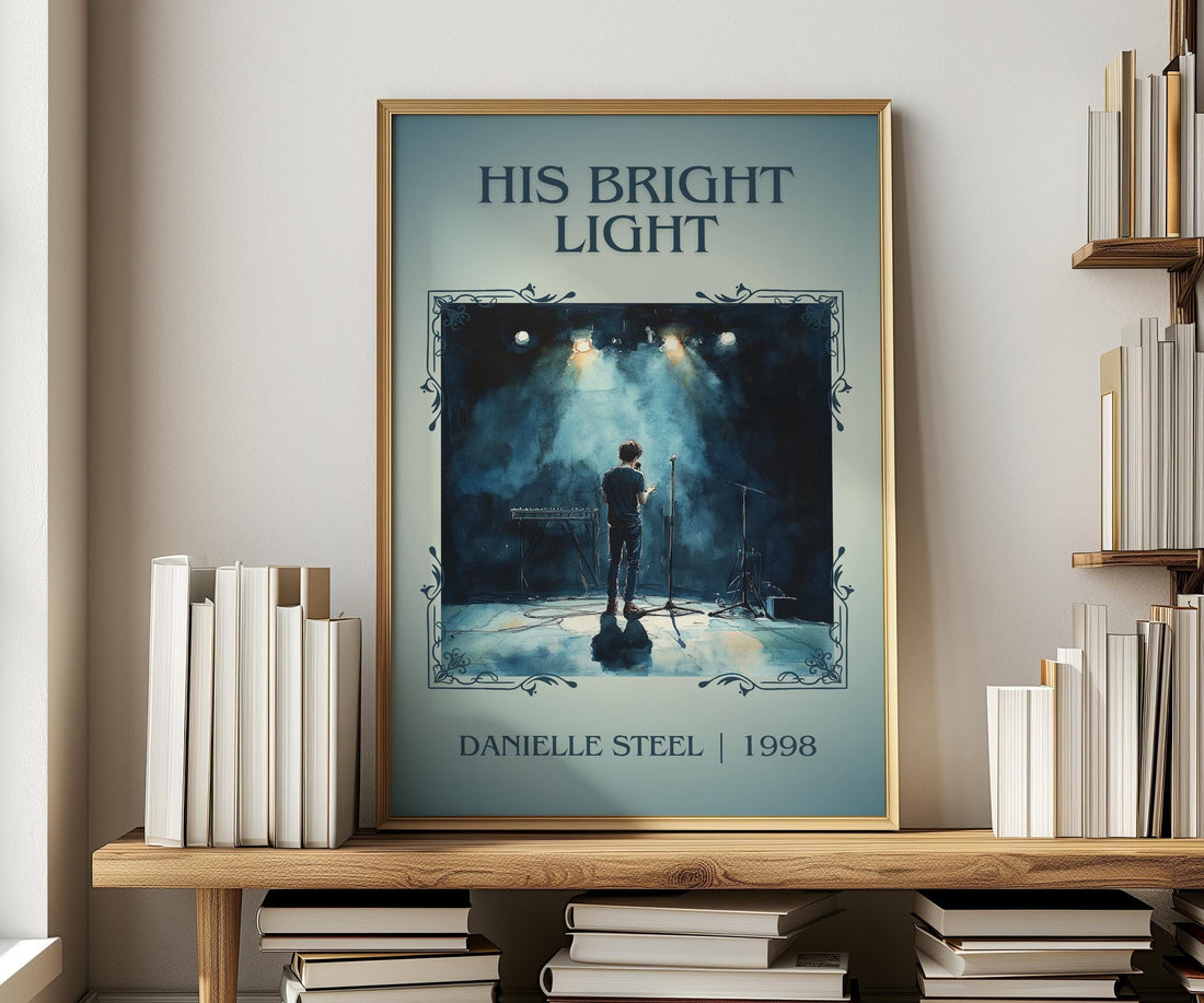 His Bright Light classic book art print in frame leaning in hallway – memoir wall art (mockup)