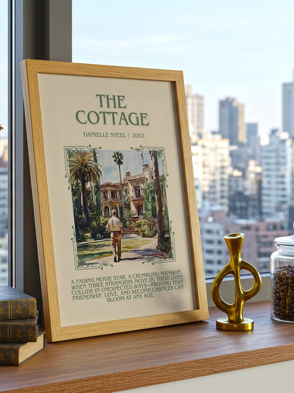 The Cottage minimalist book poster framed on wall – romance wall art