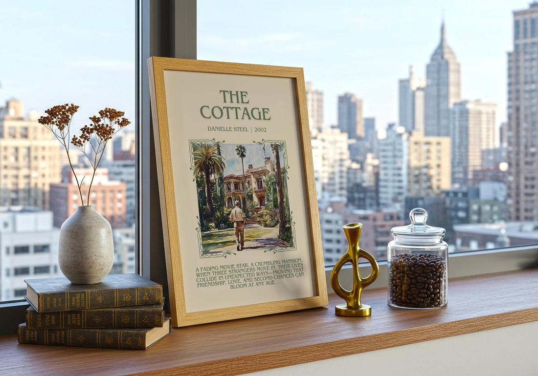 The Cottage minimalist book poster framed on wall – romance wall art (mockup)