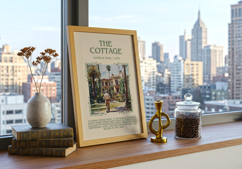 The Cottage minimalist book poster framed on wall – romance wall art