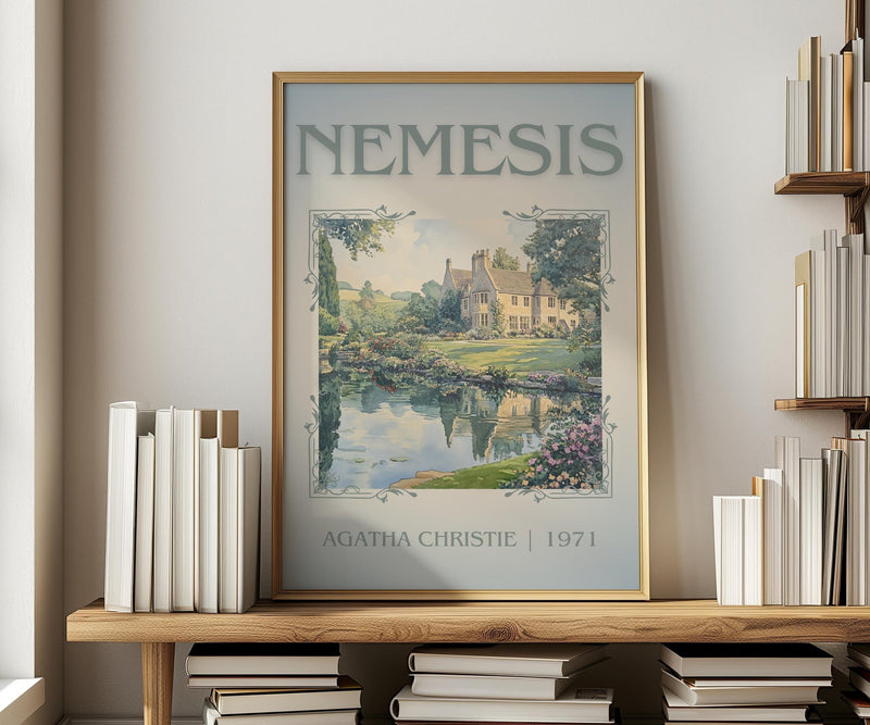 Nemesis classic book art print in frame leaning in hallway – mystery wall art