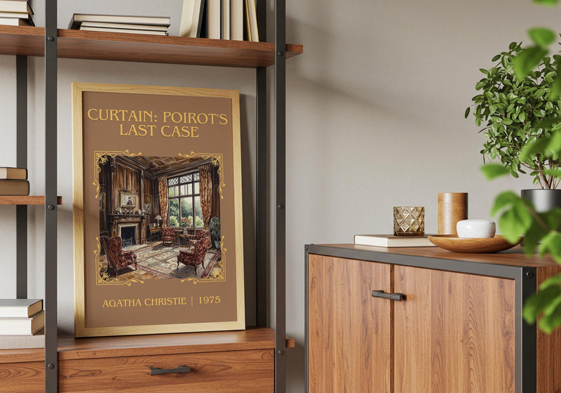 Curtain: Poirot's Last Case classic book art print framed by window – literary home decor