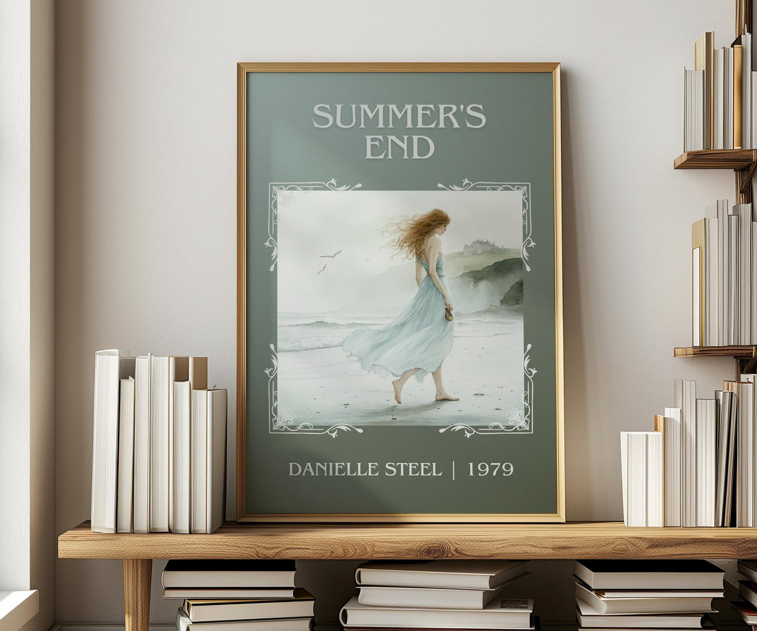 Summer's End classic book art print in frame leaning in hallway – romance wall art (mockup)
