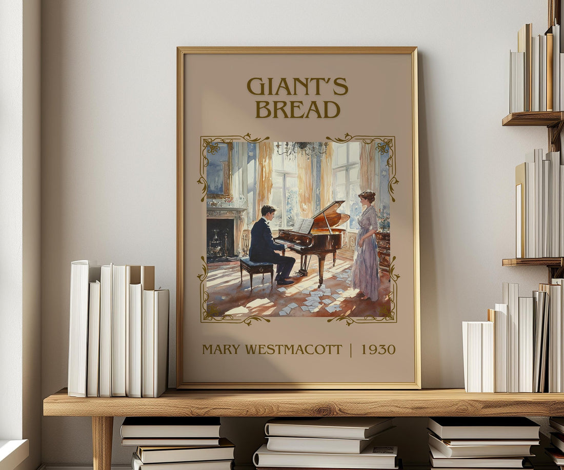 Giant’s Bread classic book art print in frame leaning in hallway – romance wall art (mockup)