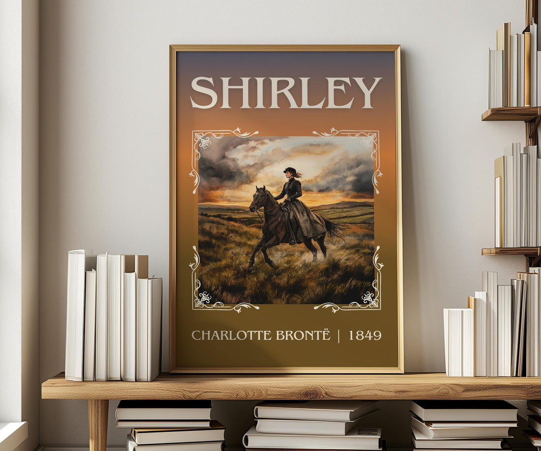 Shirley classic book art print in frame leaning in hallway – historical fiction wall art (mockup)