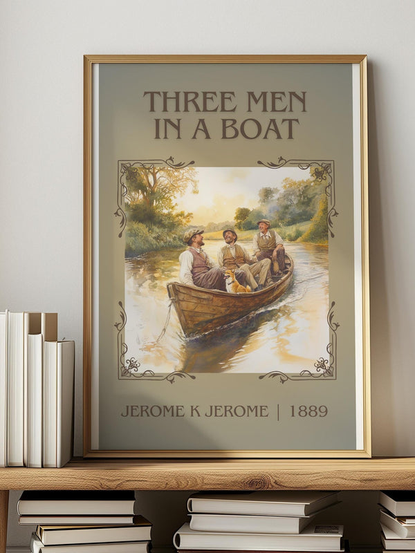 Three Men in a Boat classic book art print in frame leaning in hallway – classic literature wall art