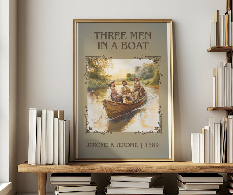 Three Men in a Boat classic book art print in frame leaning in hallway – classic literature wall art