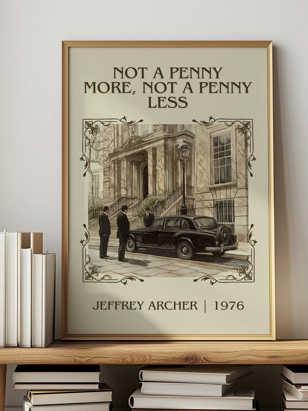 Not a Penny More, Not a Penny Less classic book art print in frame leaning in hallway – thriller wall art