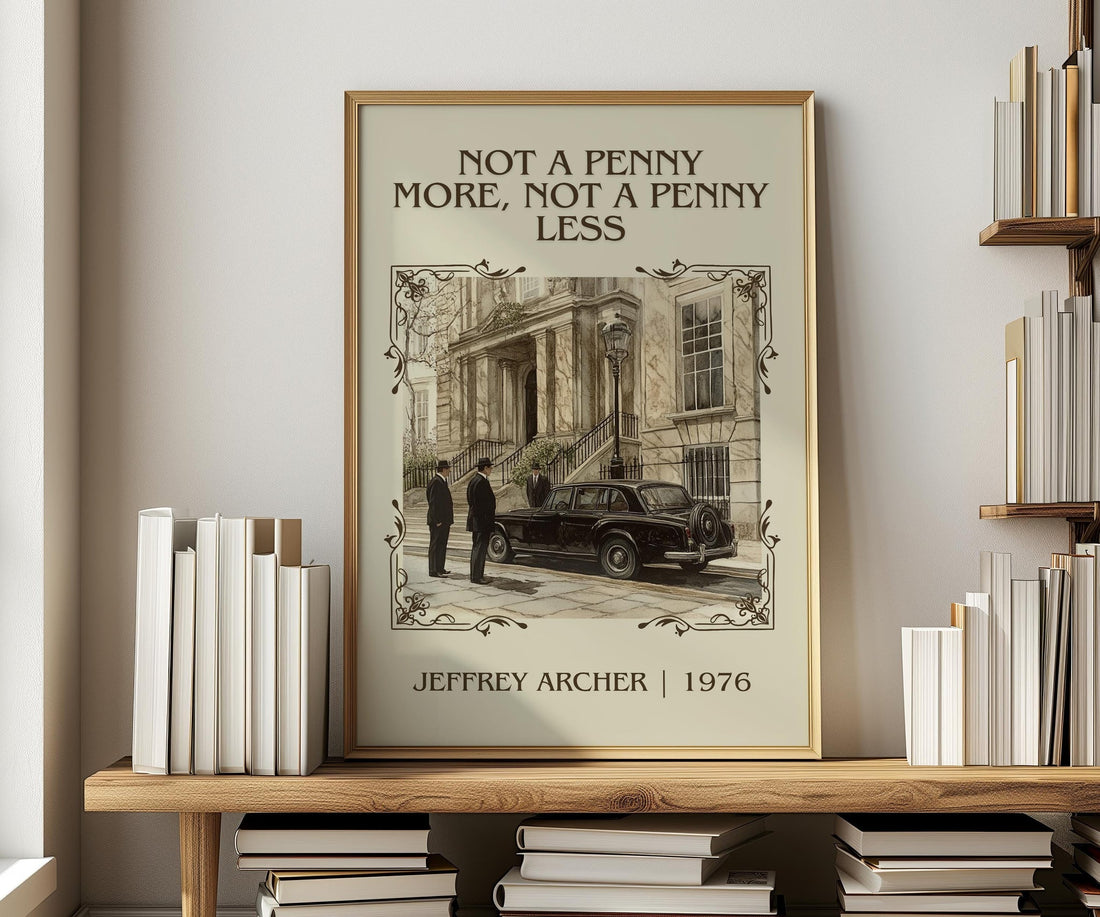 Not a Penny More, Not a Penny Less classic book art print in frame leaning in hallway – thriller wall art (mockup)