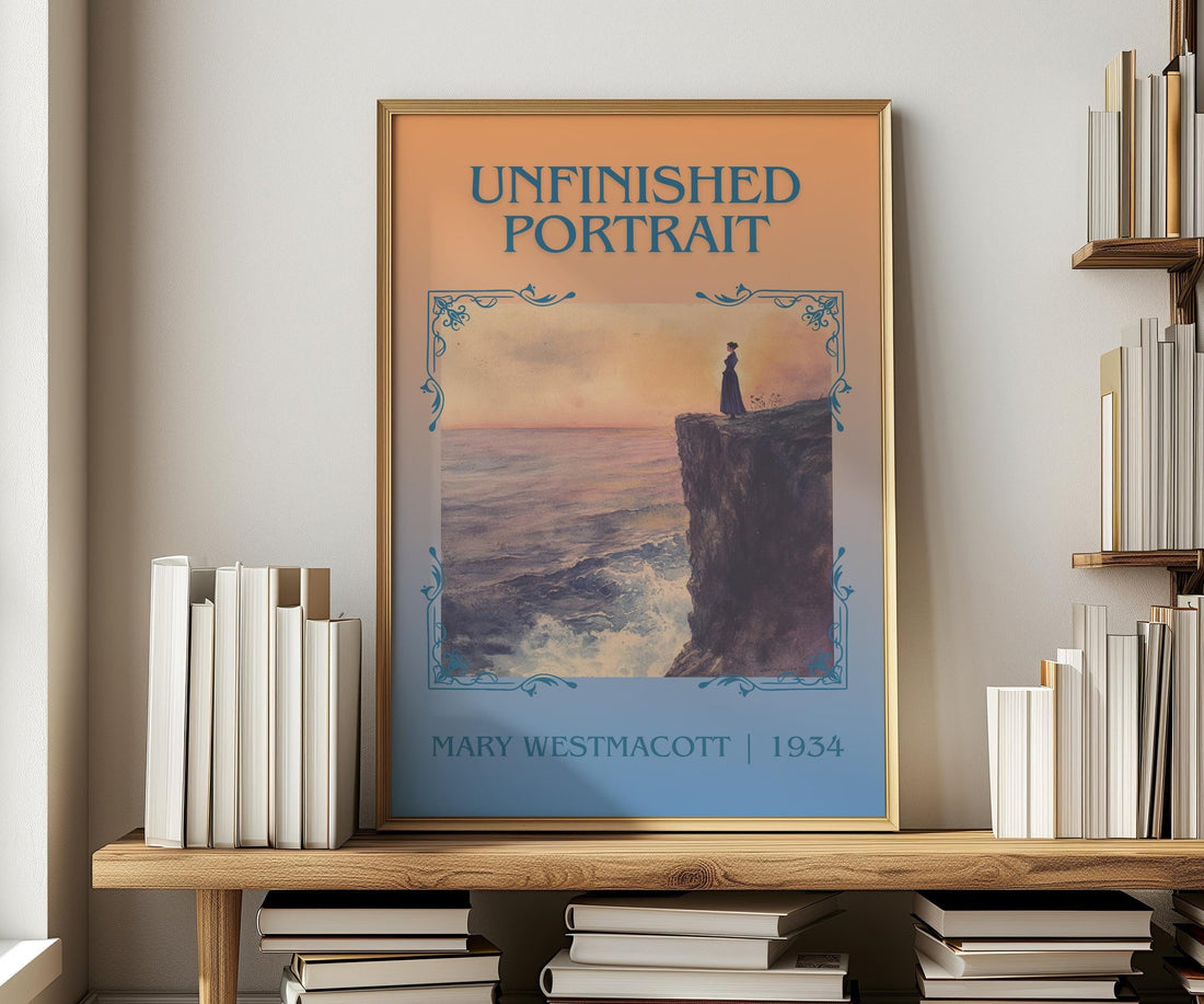 Unfinished Portrait classic book art print in frame leaning in hallway – romance wall art (mockup)