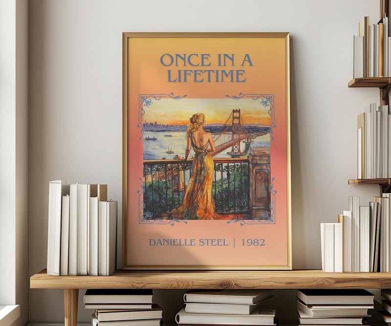 Once in a Lifetime classic book art print in frame leaning in hallway – romance wall art