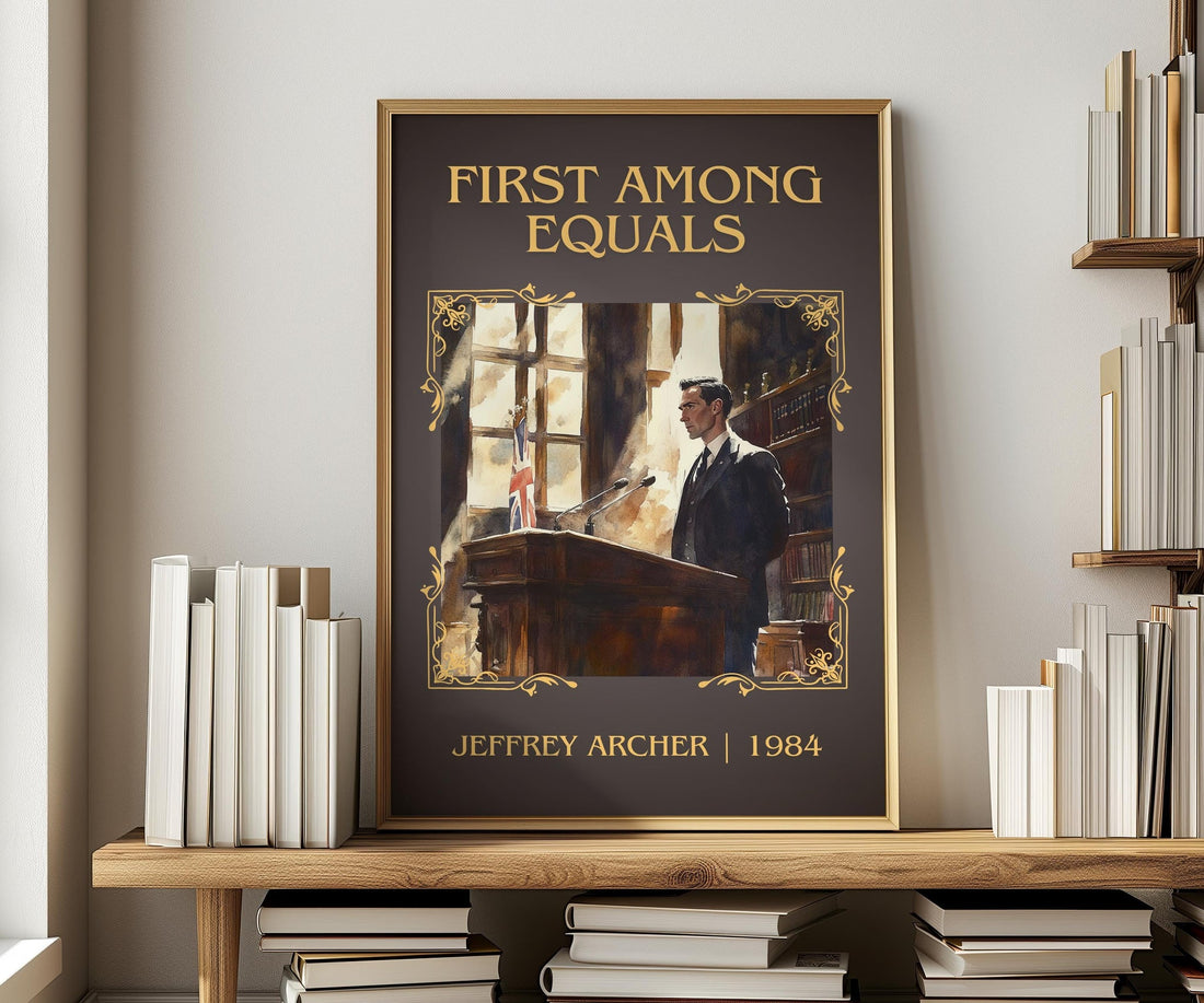 First Among Equals classic book art print in frame leaning in hallway – contemporary fiction wall art (mockup)