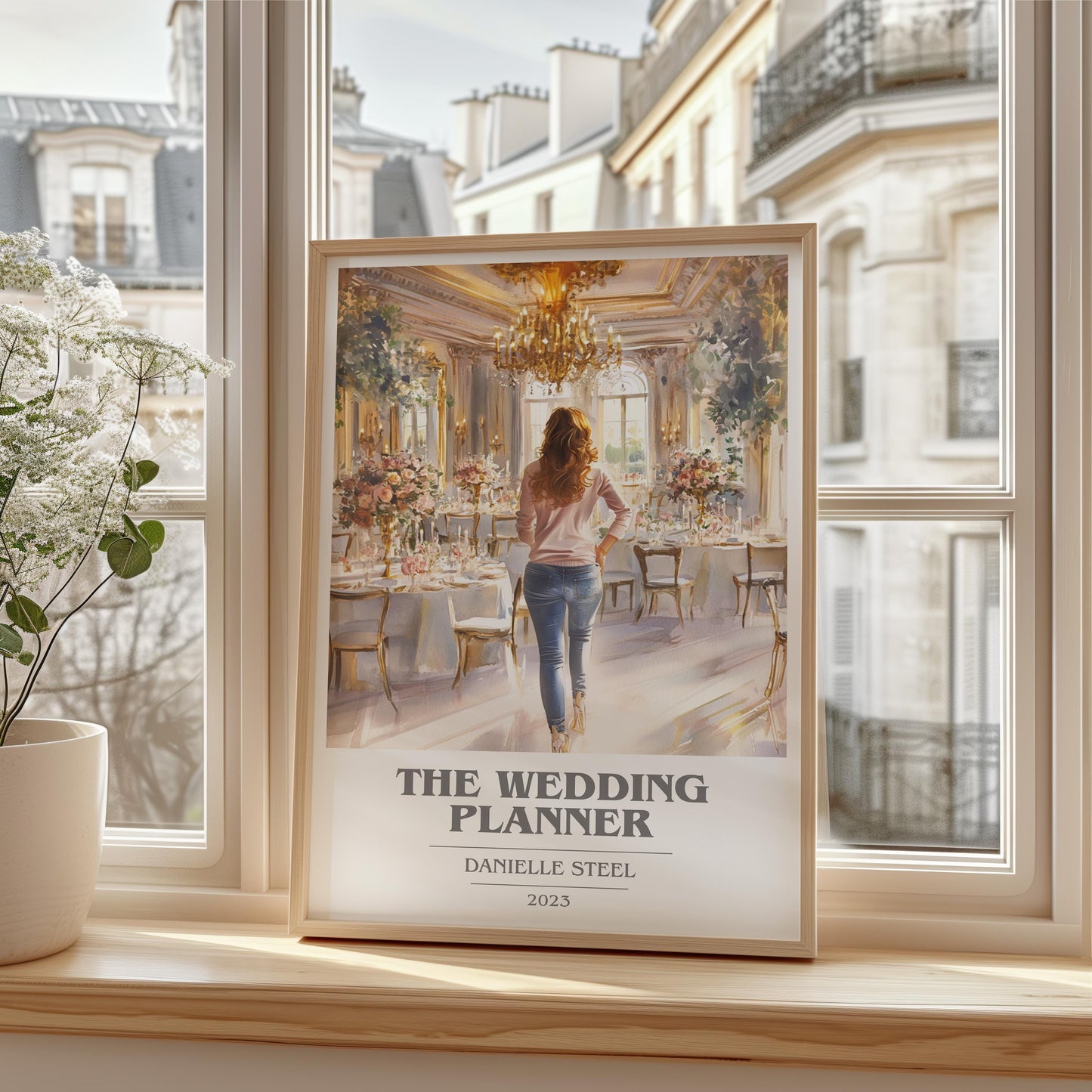 The Wedding Planner book cover print framed by window – literary home decor