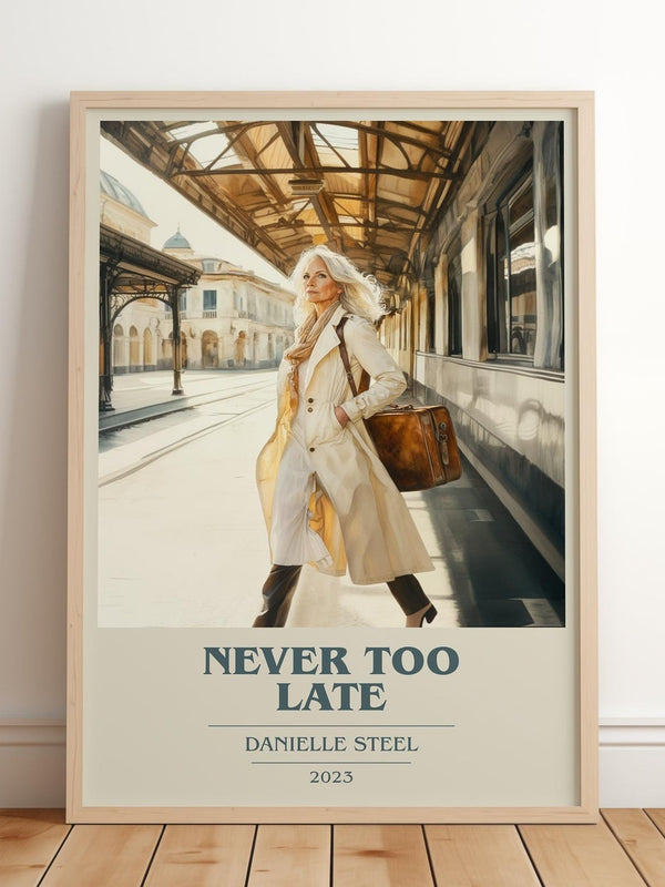 Never Too Late book cover print in frame leaning in hallway – romance wall art