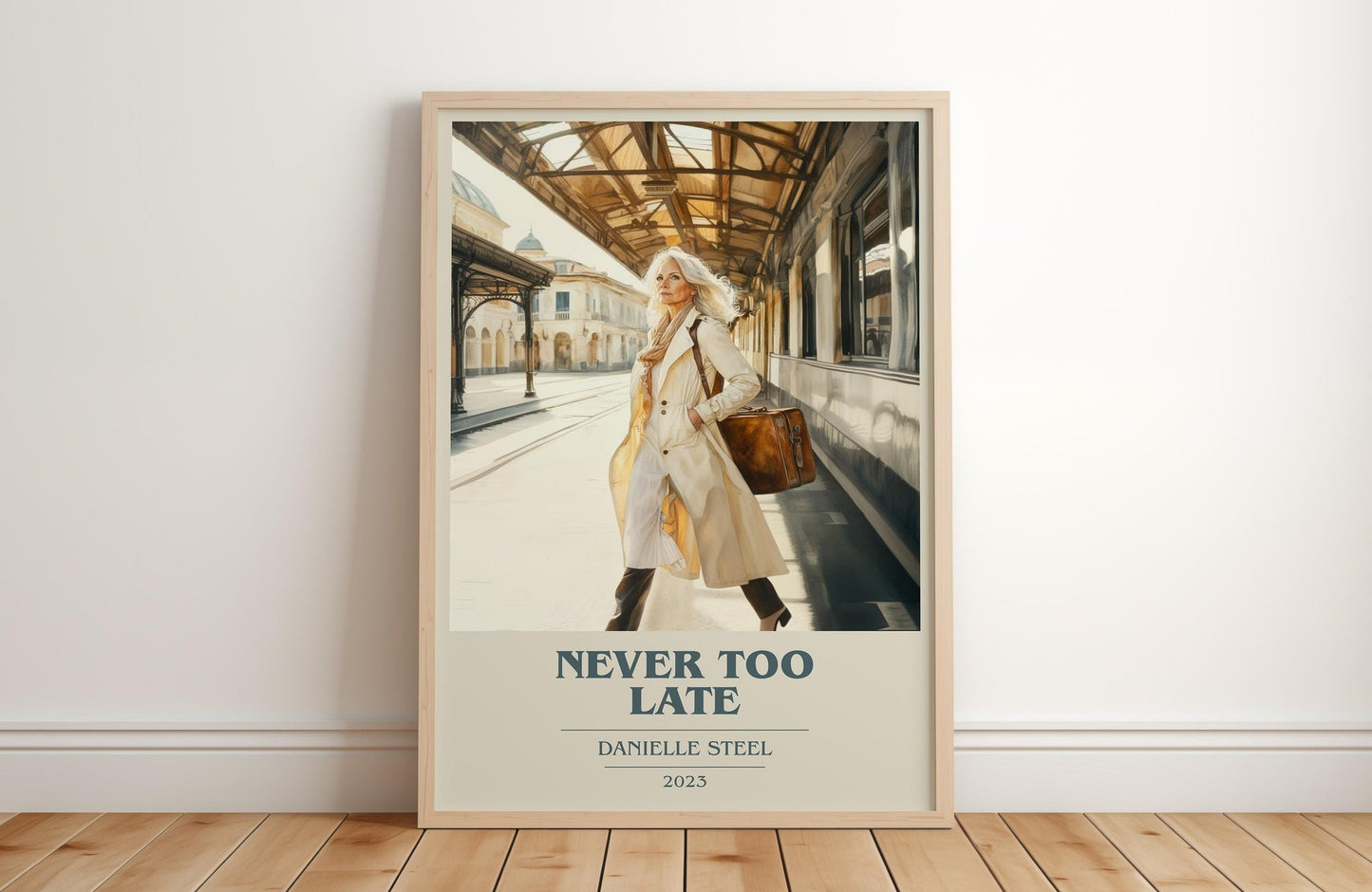 Never Too Late book cover print in frame leaning in hallway – romance wall art