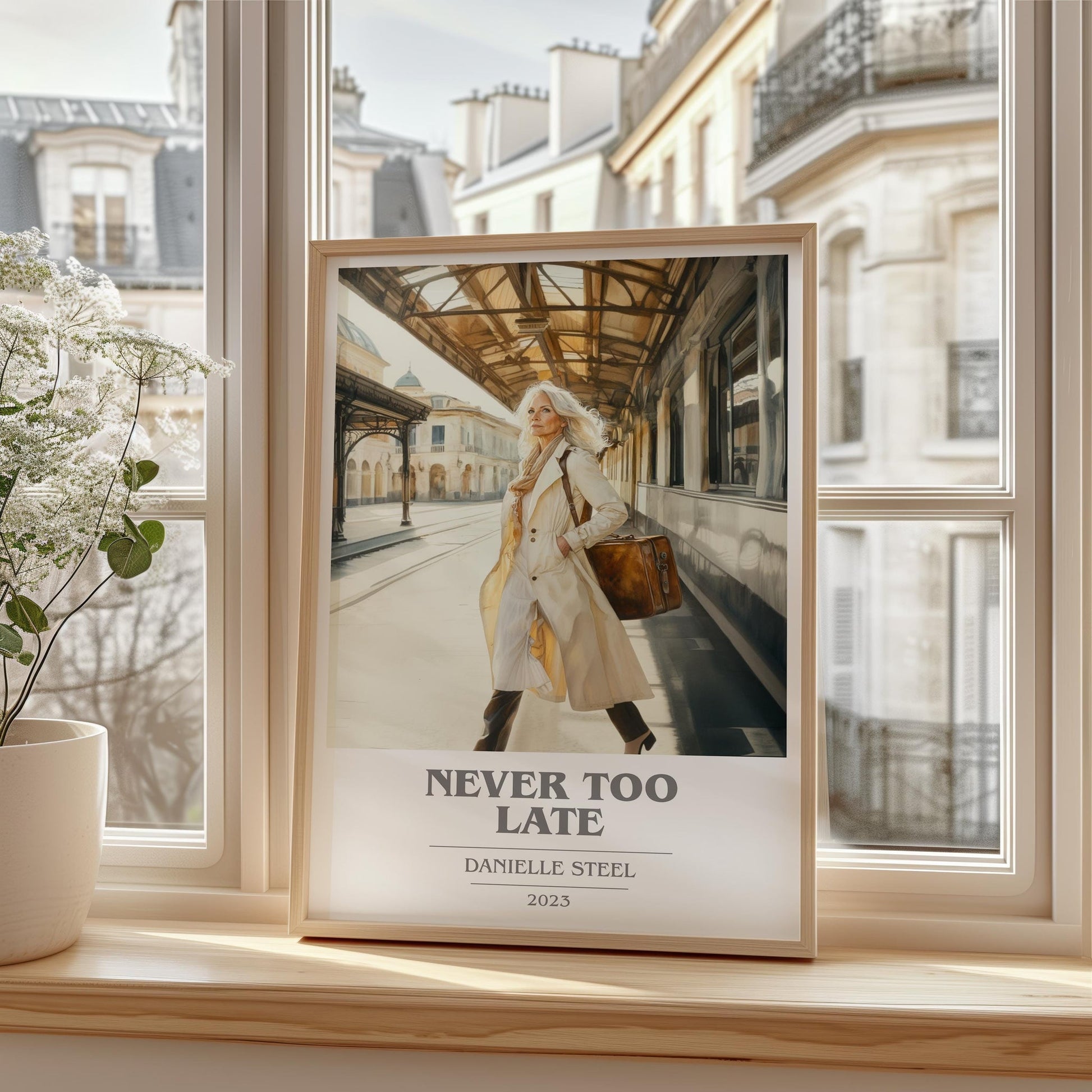 Never Too Late book cover print framed by window – literary home decor