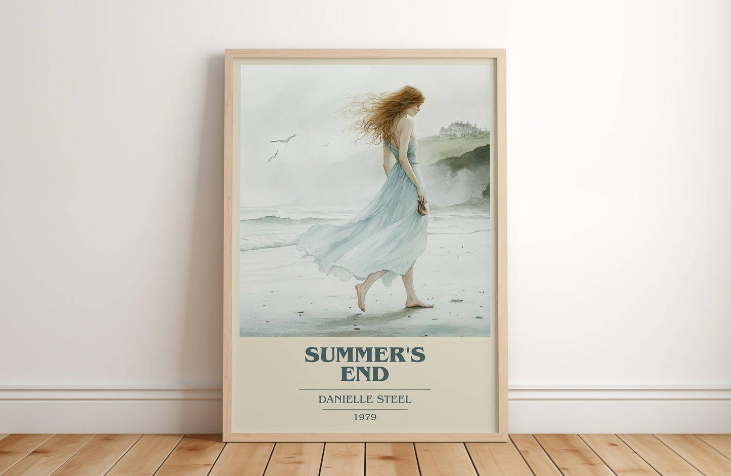 Summer's End book cover print in frame leaning in hallway – romance wall art