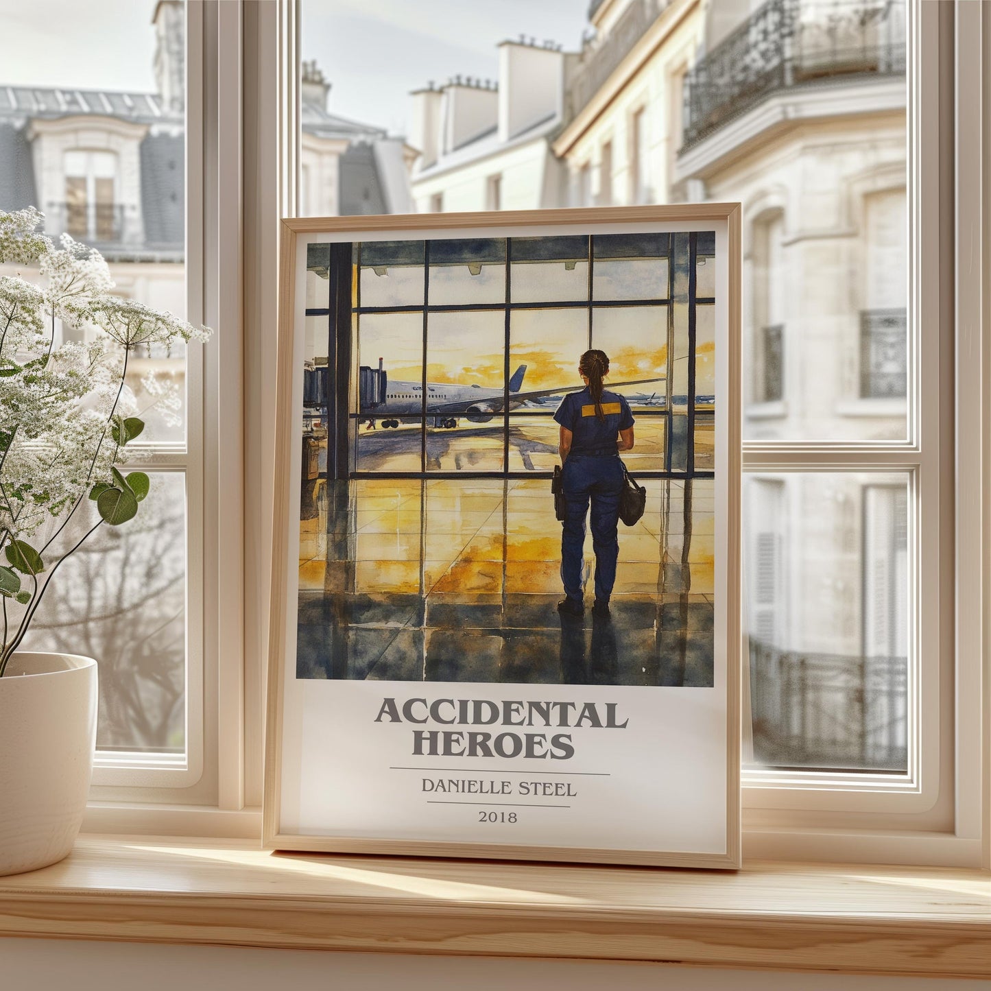 Accidental Heroes book cover print framed by window – literary home decor