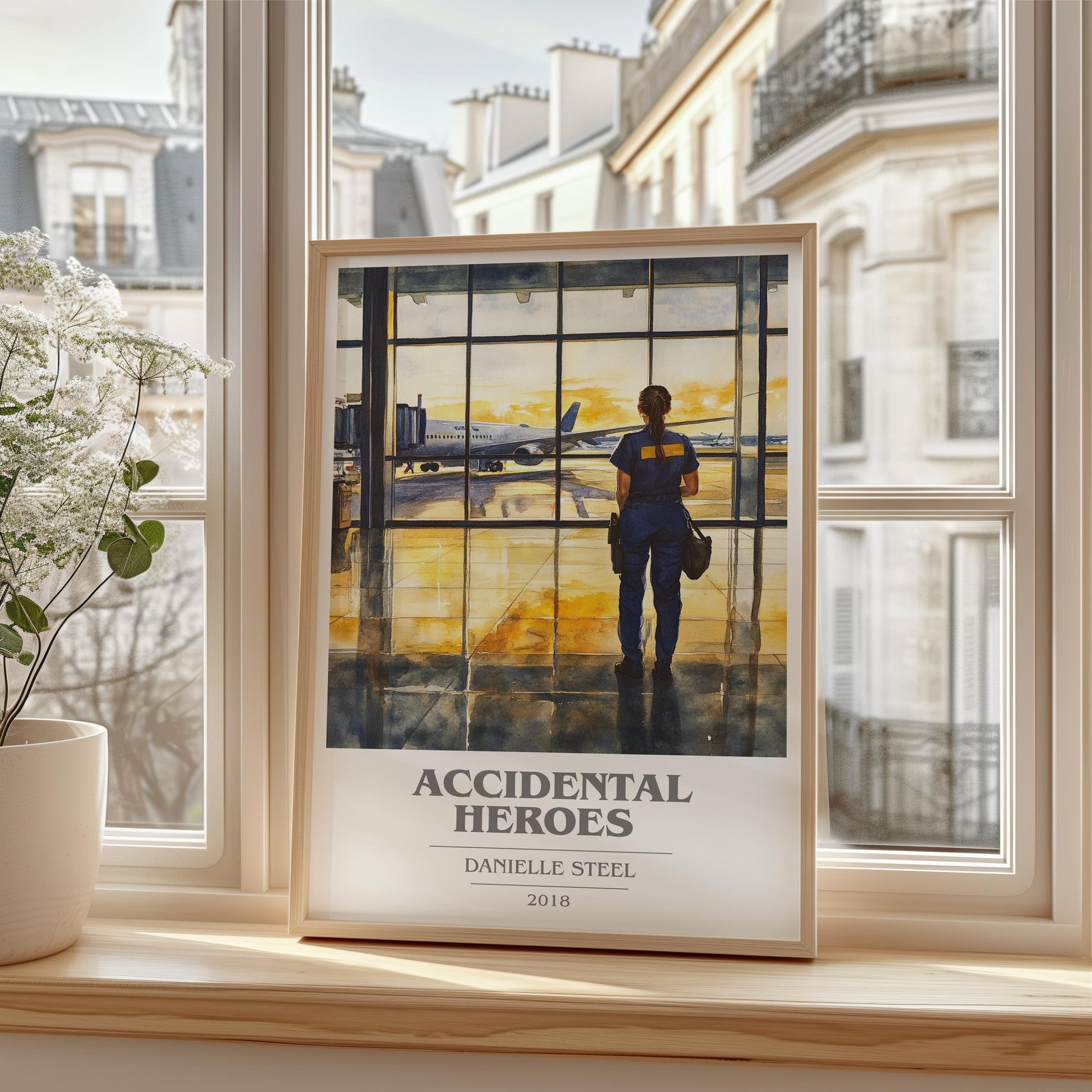 Accidental Heroes book cover print framed by window – literary home decor